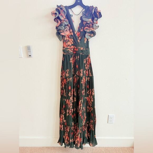 Johanna Ortiz Renaissance Forest Green Floral Print Ruffle Silk Maxi Gown 2 - Picture 4 of 15